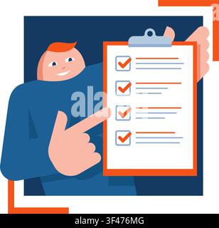 Checklist square icon - absctact character holding big completed check list - test, questionnaire, planning and big pencil - isolated vector Stock Vector
