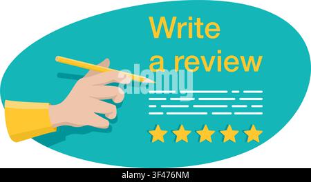 Write a Review - motivation for client or byer - human hand writing a review text with positive 5 stars rating - vector button. Vector Stock Vector