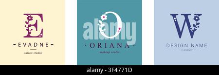 Logo E, O, capital letter W. Monogram of Botanical Minimalistic, Initial. with Organic Plant Elements. chamomile, Dandelion. Stock Vector