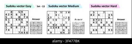 Sudoku game with answers. Simple vector design set Sudoku. Blank template. Complexity of the task is medium, easy, hard. Stock Vector