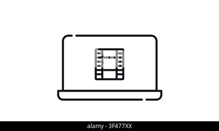 Laptop with video film strip symbol on screen vector icon. Black line art style on white background. Mobile video editing, movie production, and digit Stock Vector