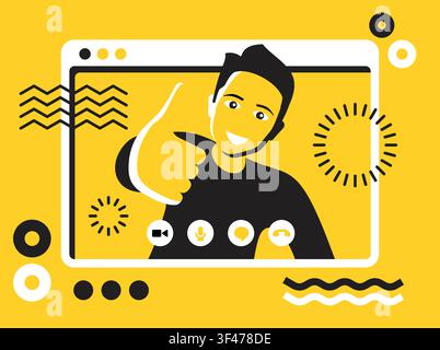 Remote work, Online Video conference illustration - happy smiling man inside video player UI and on abstract background. Vector illustration Stock Vector