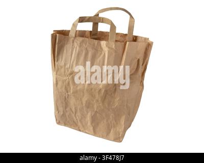 Wrinkled brown paper shopping bag with handles, isolated on a white background. Ideal for recycling, zero waste, sustainable packaging, eco retail and Stock Photo