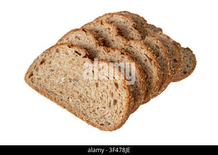 Factory-made whole wheat loaf sliced into overlapping pieces, revealing an airy crumb with sunflower seeds and oat flakes, isolated on a white backgro Stock Photo
