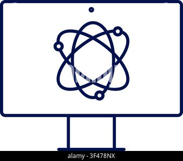 Quantum computing icon with atom on monitor screen. Vector illustration, flat design Stock Vector