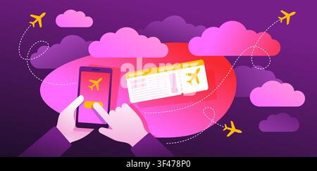Airline booking office online service illustration - hands holding smartphone, with booking website interface and bying airplane ticket - Stock Vector