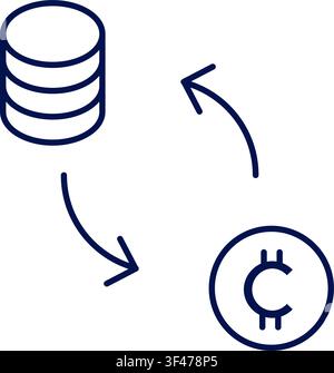 Data to cryptocurrency exchange icon with database and coin. Vector illustration, flat design Stock Vector