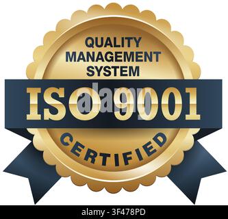 ISO 9001 conformity to standards icon - golden medal award with international quality management system guarantee emblem Stock Vector