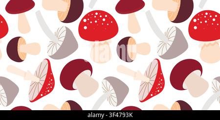 Seamless pattern with forest autumn mushrooms. Edible and poisonous mushrooms on white background. Boletus, toadstool, fly agaric, and fly agaric Stock Vector