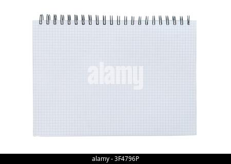 Open notebook-diary with checkered paper isolated on white background. Mockup. Top view. Copy space. Writing planner. Stock Photo
