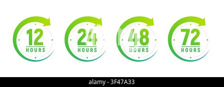 12, 24, 48 and 72 hours clock arrow timer icon. Stopwatch circle logo design Stock Vector