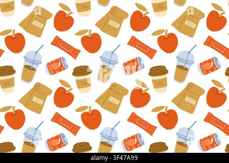 Seamless Lunch pattern. Flat vector illustration for balanced eating, school meals, office breaks, fitness nutrition, diet plans Stock Vector