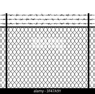 Prison wire metal chain fence security wall vector background. Steel prison wire fence razor barbwire section Stock Vector