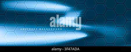 Bright blue abstract background with hexagon and holographic gradient. Dark hexagonal creative banner. Minimalist honeycomb vector illustration. Stock Vector