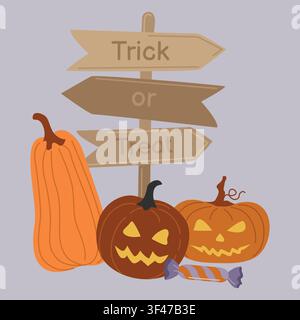 Hand-drawn Halloween scary pumpkins Jack-o-lantern faces and sweet and trick or treat wooden signpost for seasonal autumn decor Stock Vector