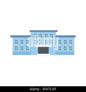 Hand drawn flat vector illustration of a blue school building with a grand staircase entrance on a white background. Stock Vector
