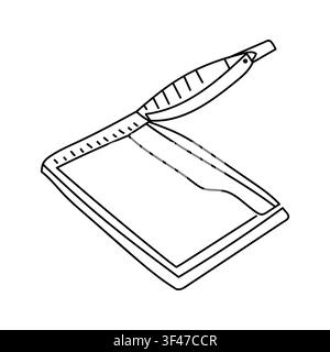 Hand drawn line art illustration of a paper cutter guillotine trimmer on a white background. Stock Vector