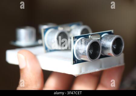 Ultrasonic sensor or the hcsr04 module connected on the breadboard Stock Photo