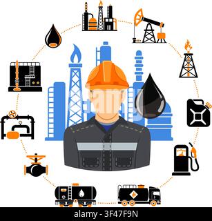 Oil industry Concept with two color Flat Icons extraction production and transportation oil and petrol with oilman, rig and barrels. landing page temp Stock Vector
