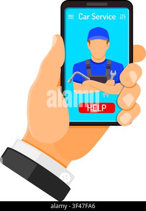 Online Car Services Concept. Man Holds Smartphone in hand and orders car mechanic. Flat Style Icons. Isolated vector illustration Stock Vector