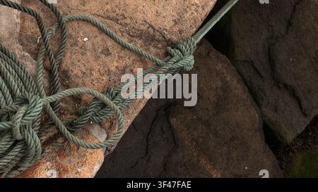 Coiled Green Mooring Rope on Granite Harbour Stone — Weathered Maritime Rope Close-Up, Atlantic Fishing Harbour, Porto Portugal Stock Photo