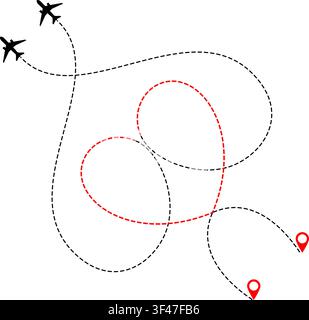 Two airplanes route with dashed line in form of heart. romantic valentines day trip or vacation. Love of traveling by plane. isolated vector illustrat Stock Vector