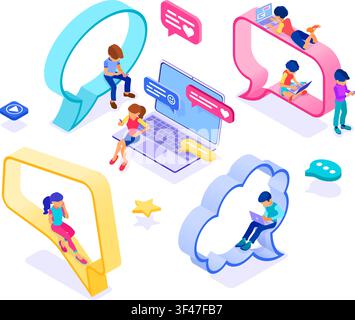 isometric guy and girl chat in social networks on speech bubble send messages photo selfie call using laptop and phone. Online dating friendship love Stock Vector