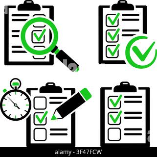 Set icons education test with pencil, stopwatch, magnifying glass, clipboard with checklist. online testing, audit concept. successfully completed che Stock Vector