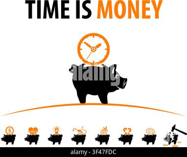 Preserve, Save, Conservation Vector Concept with Icon set in two color such as Piggy Bank, Money, Time may be used for Flyer, Poster, Web Site Stock Vector