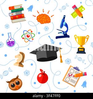 Education Seamless Pattern with Flat Icon Set for Flyer, Poster, Web Site Like mortarboard, books, brain and trophy Stock Vector