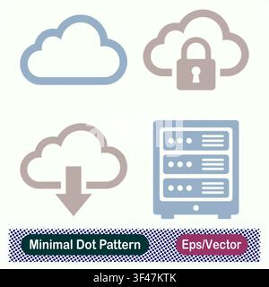 Minimal Dot Pattern Cloud Storage Outline, Secure Cloud Padlock, Cloud Data Download Arrow, and Server Rack Cabinet Vector Icons Set Stock Vector