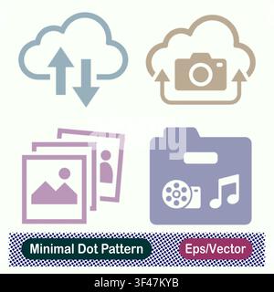 Minimal Dot Pattern Cloud Data Sync Arrows, Cloud Photo Camera Upload, Photo Gallery Picture Stack, and Media Folder Music Vector Icons Set Stock Vector