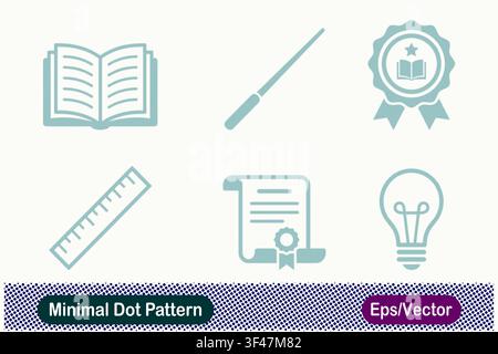 Minimal Dot Pattern Open Book, Pointer Stick, Academic Award Ribbon Badge, Ruler, Graduation Certificate Scroll, and Lightbulb Icons Set Stock Vector