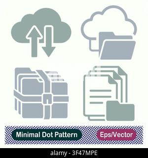 Minimal Dot Pattern Cloud Data Sync Arrows, Cloud Storage Folder, Compressed Archive File Folders, and Document Folder Stack Vector Icons Set Stock Vector