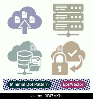 Minimal Dot Pattern Cloud Document Upload, Server Rack Database, Cloud File Storage Database, and Cloud Secure Padlock Vector Icons Set Stock Vector