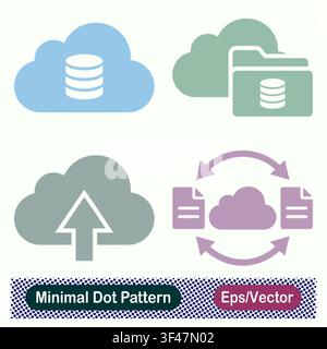 Minimal Dot Pattern Cloud Database Storage, Cloud Database Folder, Cloud Upload Arrow, and Cloud Document Exchange Vector Icons Set Stock Vector