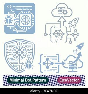 Minimal Dot Pattern AI Processor Bug Analysis, Neural Network Cloud Deployment Rocket, AI Brain Protection Shield Bug Scan, Vector Icons Set Stock Vector