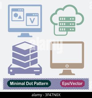 Minimal Dot Pattern Desktop Software Windows, Cloud Database Server, Stored Server Data Blocks, and Desktop Monitor Screen Vector Icons Set Stock Vector