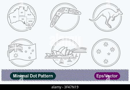 Minimal Dot Pattern Australia Map, Traditional Aboriginal Boomerang, Jumping Kangaroo, Australian National Flag, Sydney Opera House Harbour Bridge, Stock Vector