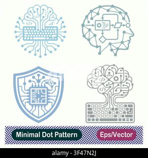 Minimal Dot Pattern AI Coding Keyboard Brain, Neural Profile Algorithm Flowchart, Microchip Processor Shield Defense, and Brain Tree Coding Keyboard Stock Vector