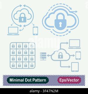 Minimal Dot Pattern Secure Cloud Cross Device Sync, Encrypted Cloud Data Flow, Encrypted Grid Padlock Storage, Multi Device Cloud Server Access Vetor Stock Vector