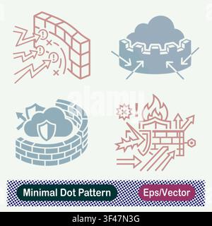 Minimal Dot Pattern Firewall Attack Block, Cloud Castle Fortress Protection, Cloud Defense Brick Wall Shield, and Fire Shield Wall Cyber Attack Defens Stock Vector