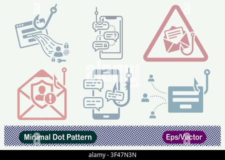 Minimal Dot Pattern Web Phishing Data Hook, Mobile SMS Phishing Chat, Email Phishing Triangle Warning, Secure Mail Alert Hook, Smartphone Message Hook Stock Vector