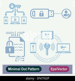 Minimal Dot Pattern Master Key Multi Device Access, Encrypted USB Security Token, Secure Document Data Routing, and Wireless Central Security Key Sync Stock Vector