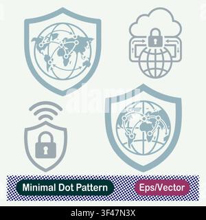 Minimal Dot Pattern Global Network Protection Shield, Secure Cloud World Gateway Padlock, Secure Wireless Wi-Fi Shield, and Global Connection Shield Stock Vector