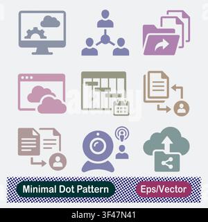 Minimal Dot Pattern Monitor Cloud Gear, Team Hierarchy Network, Shared Folder Documents, Cloud Web Browser, Project Schedule Timeline, User Document Stock Vector