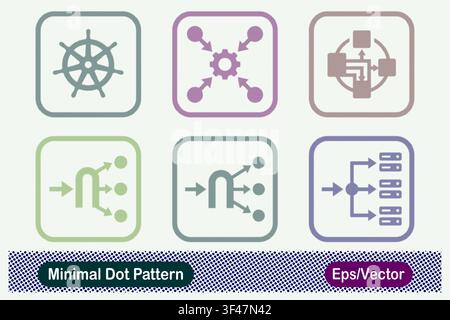Minimal Dot Pattern Kubernetes Helm Control Wheel, Central Gear Integration, Circular Block Data Routing, Gateway Proxy Traffic Splitter, and Server Stock Vector