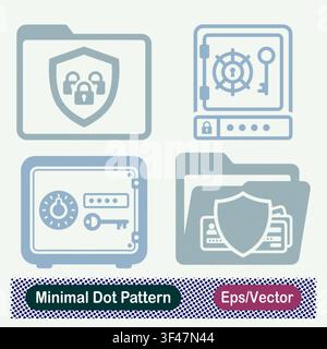 Minimal Dot Pattern Encrypted Shield Folder, Bank Vault Safe Key, Digital Dial Combination Safe, and Shield Protected ID Cards Folder Vector Icons Set Stock Vector