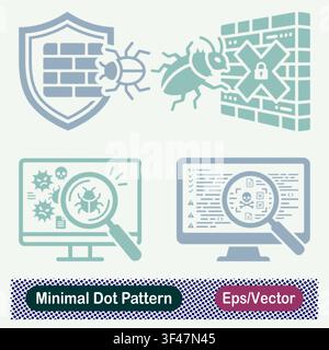 Minimal Dot Pattern Firewall Bug Defense Shield, Server Bug Firewall Breach, Monitor Bug Scan Inspection, and Code Vulnerability Skull Scan Vector Stock Vector