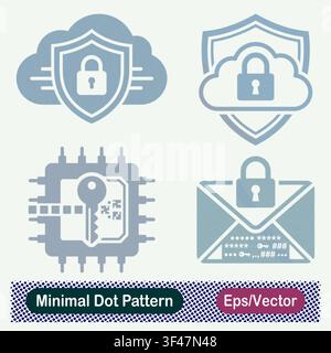 Minimal Dot Pattern Cloud Shield Padlock, Secure Cloud Defense, Microchip Security Encryption Key, and Encrypted Email Envelope Padlock Vector Icons Stock Vector